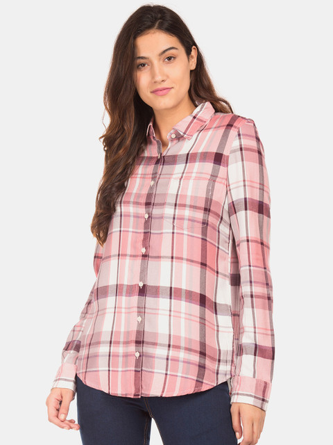 

Aeropostale Women Pink & White Regular Fit Checked Casual Shirt