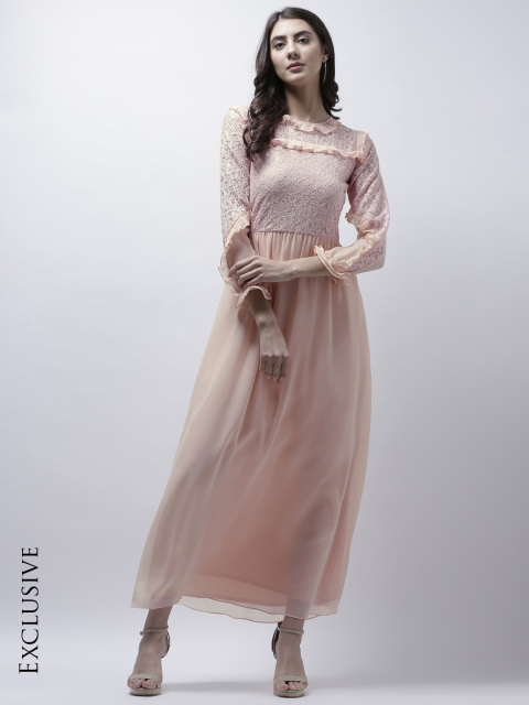 

Athena Women Peach Self Design Fit and Flare Dress