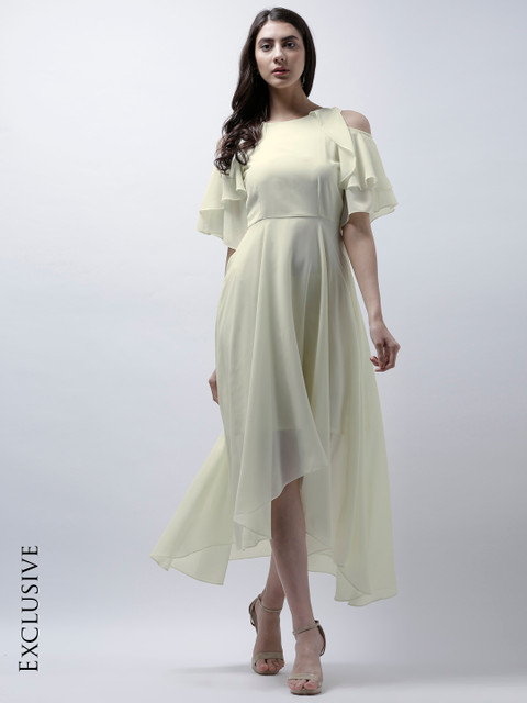 

Athena Women Yellow Solid Fit and Flare Cold Shoulder Dress