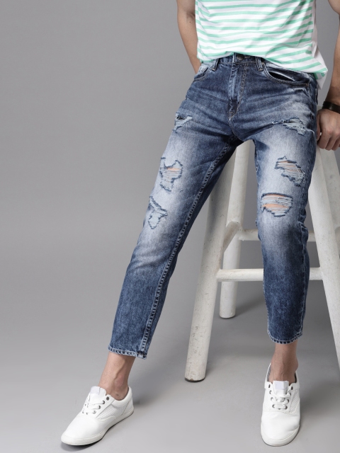 

HERE&NOW Men Blue Tapered Fit Mid-Rise Mildly Distressed Cropped Jeans
