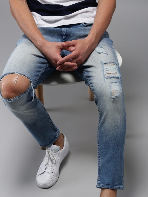 

HERE&NOW Men Blue Slim Fit Cropped Mid-Rise Mildly Distressed Stretchable Jeans
