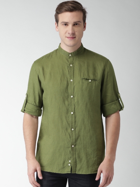

Celio Men Olive Green Regular Fit Solid Casual Pure Linen Sustainable Shirt