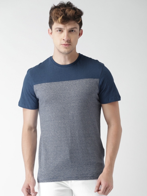 

Celio Men Navy Blue Grey Self-Striped Round Neck Linen Sustainable T-shirt