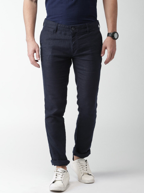 

Celio Men Navy Blue Straight Fit Solid Pure Linen Regular Sustainable Trousers