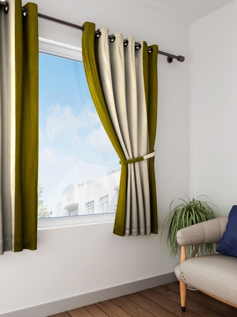 

HOUZZCODE Beige & Olive Green Set of Single Window Curtains