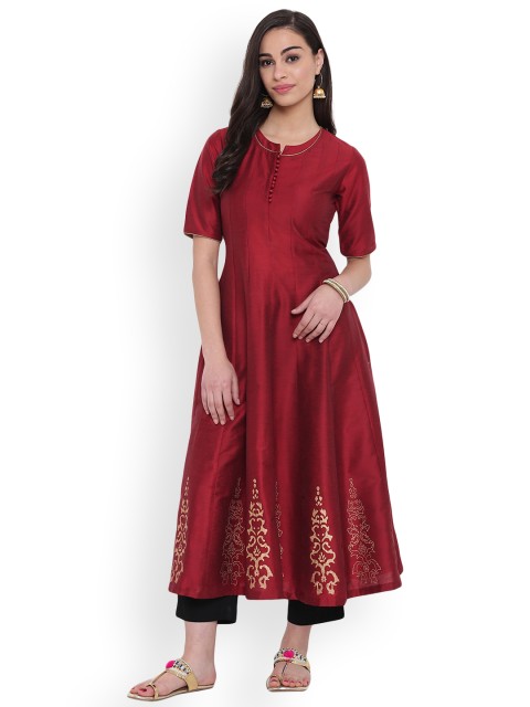 

studio rasa Women Maroon Block Print Straight Kurta