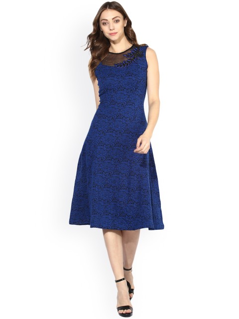 

Soie Women Navy Blue Self Design Fit and Flare Dress