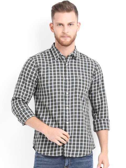 

Crocodile Men Olive Green & White Slim Fit Checked Casual Shirt