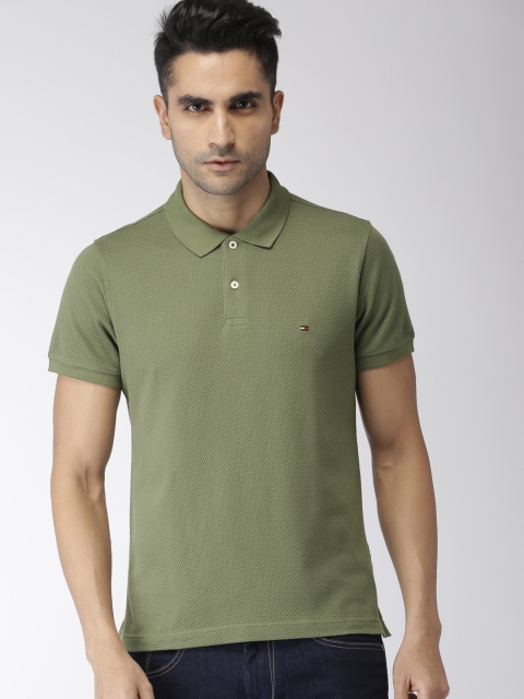 

Tommy Hilfiger Men Olive Green Self Design Slim Fit Polo Collar T-shirt