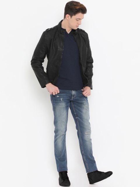 

SHOWOFF Men Black Solid Leather Jacket