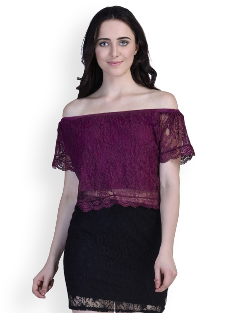 

Martini Women Burgundy Self-Design Off-Shoulder Top