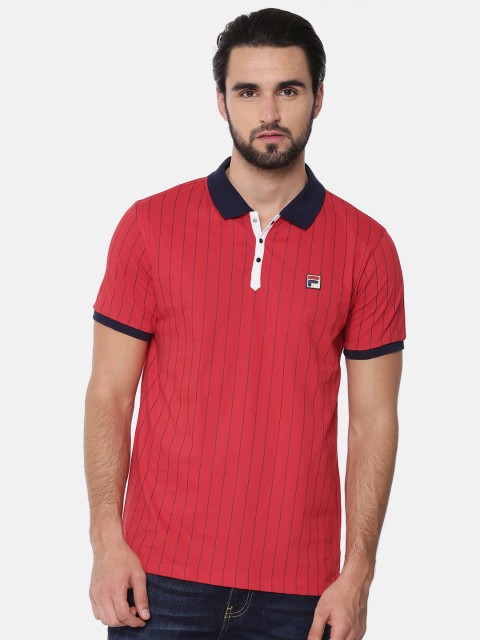 

FILA Men Red & Navy Blue Striped Polo T-shirt