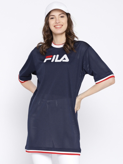 

FILA Women Navy Blue Solid Mesh Longline Top