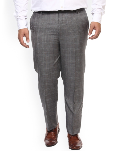 

John Pride Plus Size Men Grey Regular Fit Checked Formal Trousers