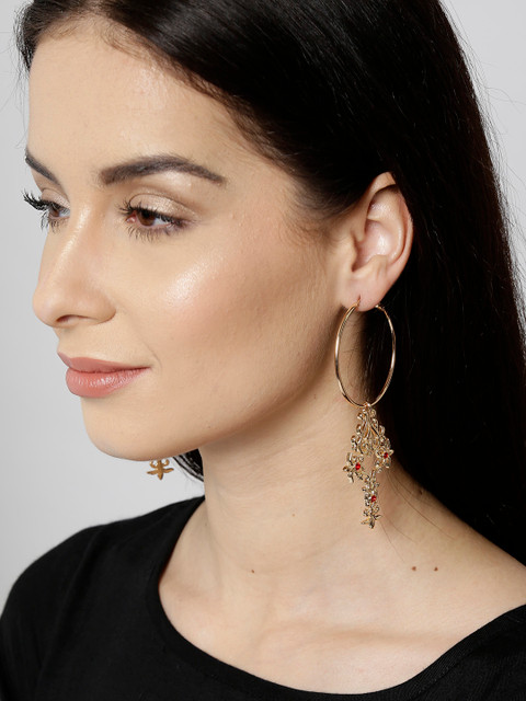 

OOMPH Gold-Toned & Red Circular Stone-Studded Hoop Earrings