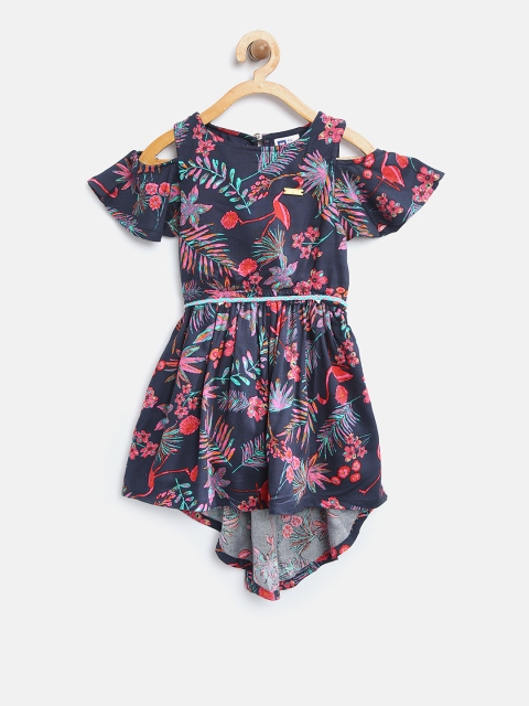 

612 league Girls Navy Blue Tropical Print Fit & Flare Dress