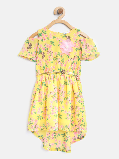 

612 league Girls Yellow Floral Print Fit & Flare Dress