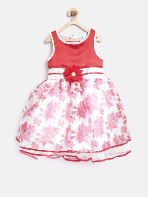

612 league Girls Red & Off-White Floral Print Fit & Flare Dress