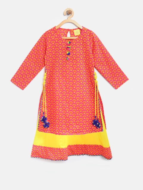 

612 league Girls Pink & Yellow Printed A-Line Kurta