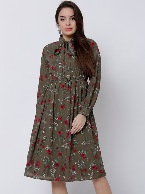 

Tokyo Talkies Women Olive Green Printed A-line Dress