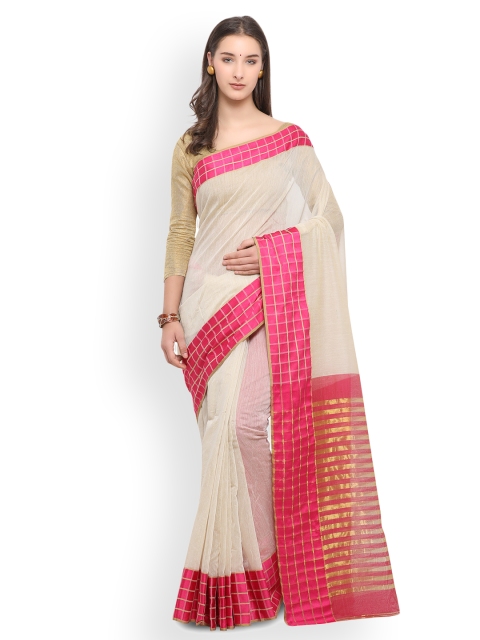 

Four Seasons Off-White & Pink Polycotton Solid Saree