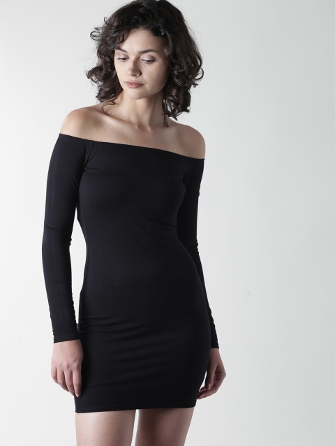 

FOREVER 21 Women Black Solid Off-Shoulder Bodycon Dress