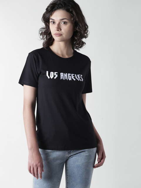 

FOREVER 21 Women Black Printed Round Neck T-shirt