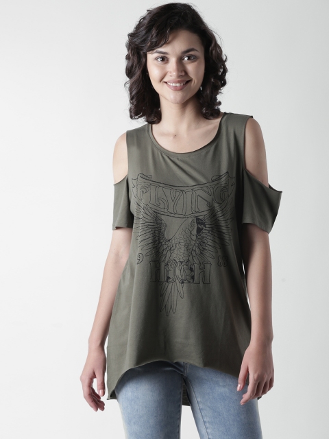 

FOREVER 21 Women Olive Green Printed A-Line Top