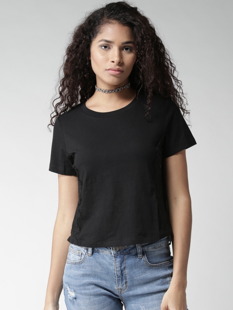 

FOREVER 21 Women Black Solid Top with Lace Inserts