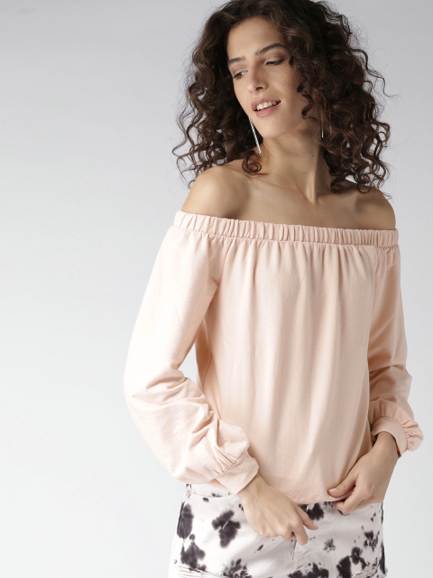 

FOREVER 21 Women Peach-Coloured Solid Bardot Top