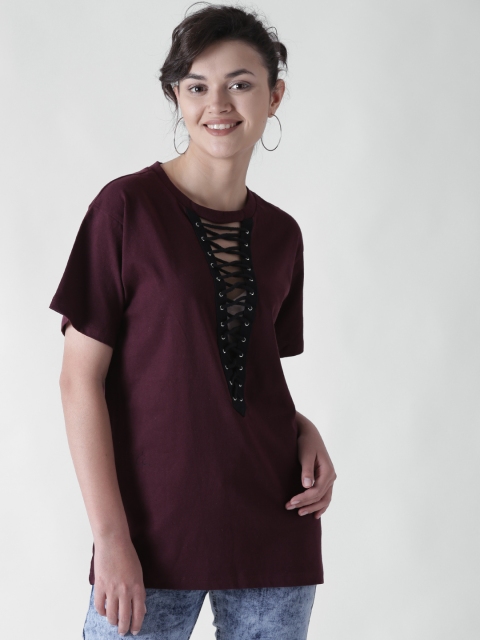 

FOREVER 21 Women Burgundy Solid Lace-Up Detail Top