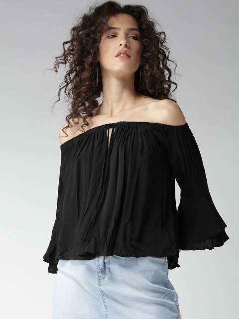 

FOREVER 21 Women Black Solid Bardot Top