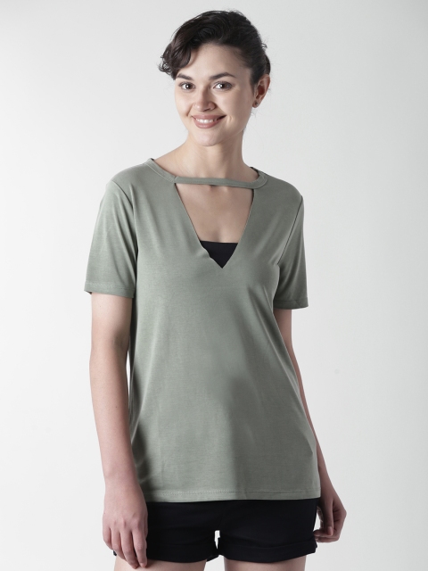

FOREVER 21 Women Olive Green Solid Top with Choker Detail