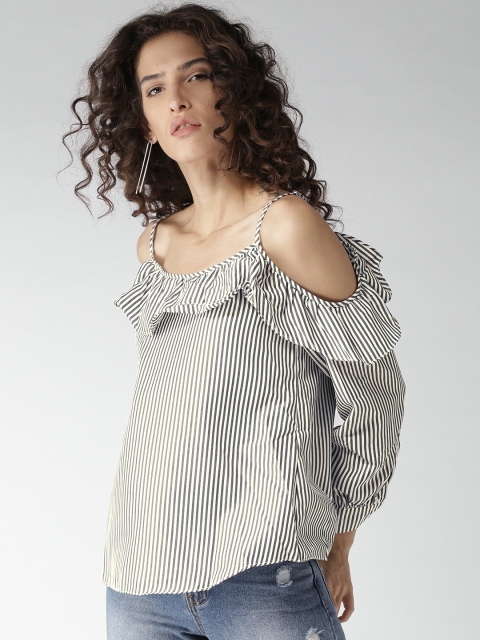 

FOREVER 21 Women Black Striped Cold-Shoulder Top