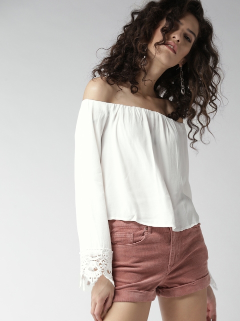 

FOREVER 21 Women White Solid Bardot Top with Gathers