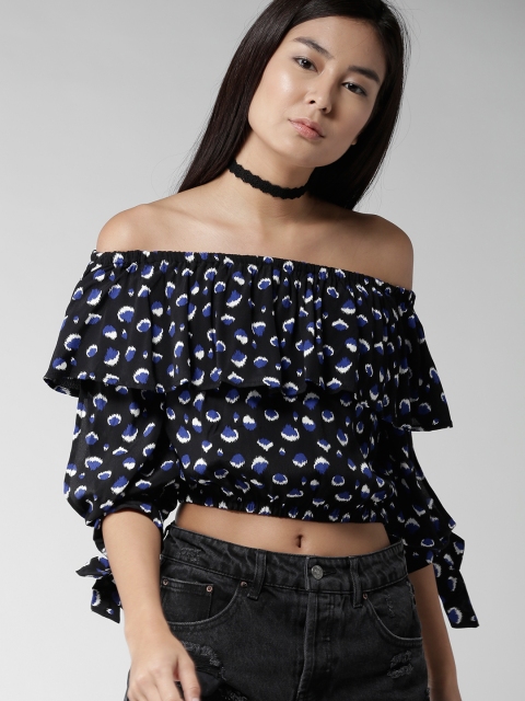 

FOREVER 21 Women Black & Blue Printed Layered Crop Bardot Top
