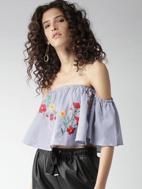 

FOREVER 21 Women Blue & White Striped Crop Bardot Top with Embroidered Detail