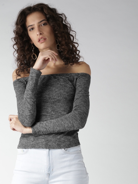 

FOREVER 21 Women Charcoal Grey Solid Bardot Top
