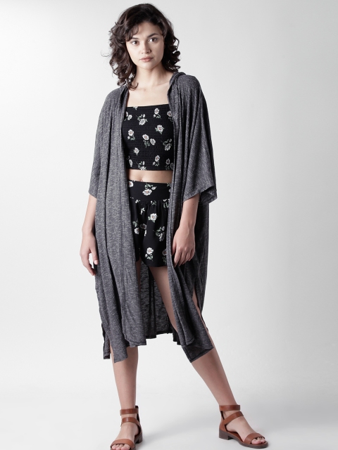 

FOREVER 21 Charcoal Grey Solid Longline Hooded Open Front Shrug
