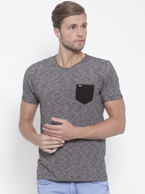 

Numero Uno Men Black Slim Fit Striped V-Neck T-shirt