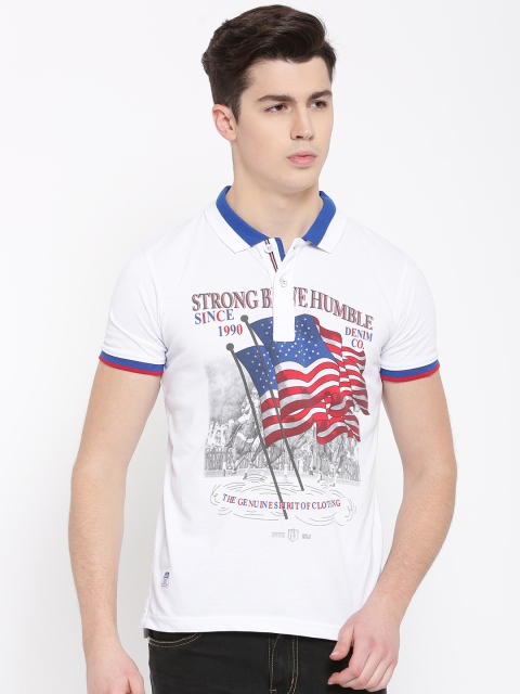 

Duke Men White & Blue Printed Polo Collar T-shirt