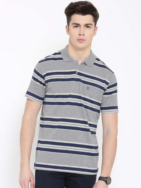 

Duke Men Grey Striped Polo Collar T-shirt