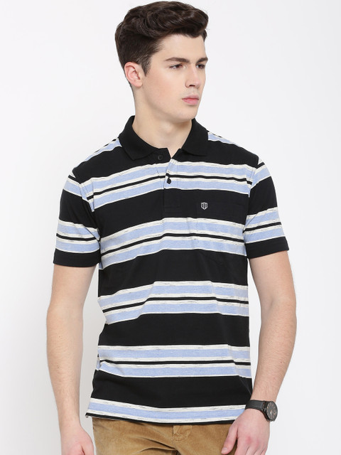 

Duke Men Black Striped Polo Collar T-shirt