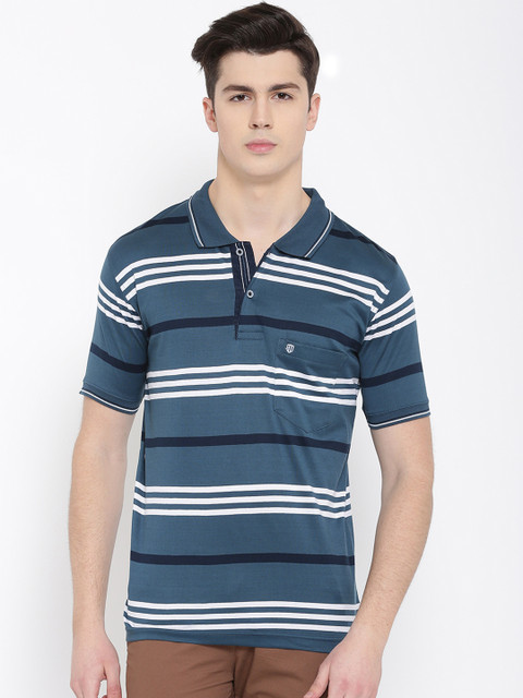 

Duke Men Blue Striped Polo Collar T-shirt