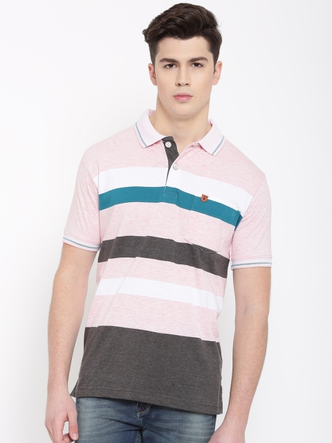 

Duke Men Pink & Grey Striped Polo Collar T-shirt
