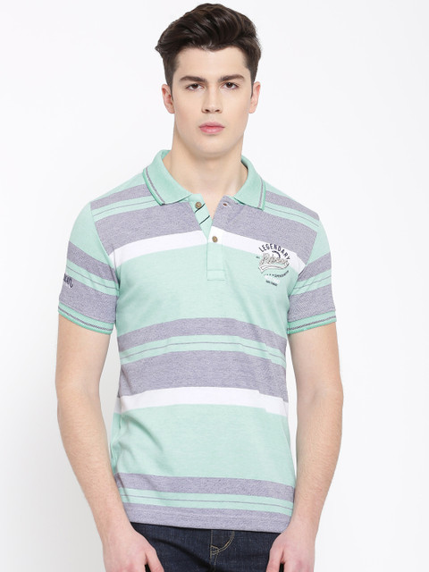 

Duke Men Green & Blue Striped Polo Collar T-shirt