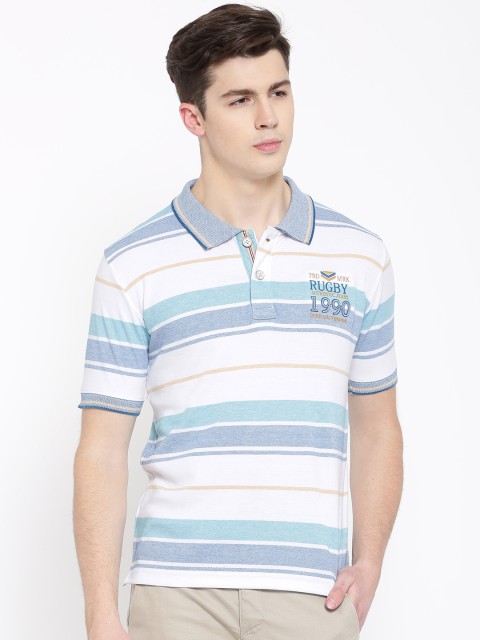 

Duke Men Off-White Striped Polo Collar T-shirt