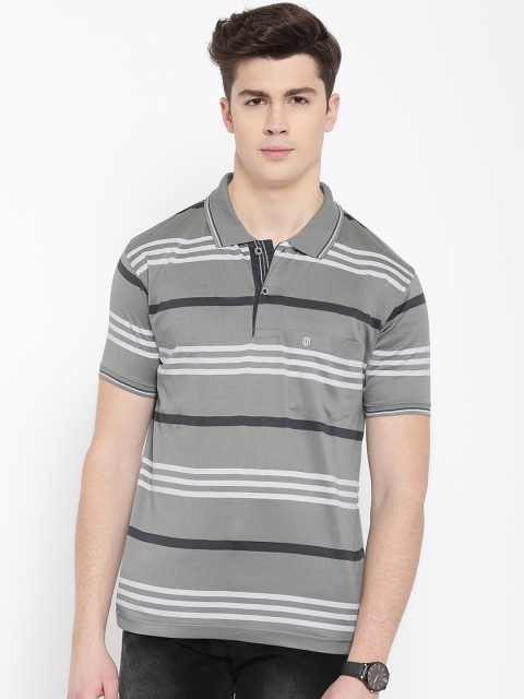 

Duke Men Grey Striped Polo Collar T-shirt