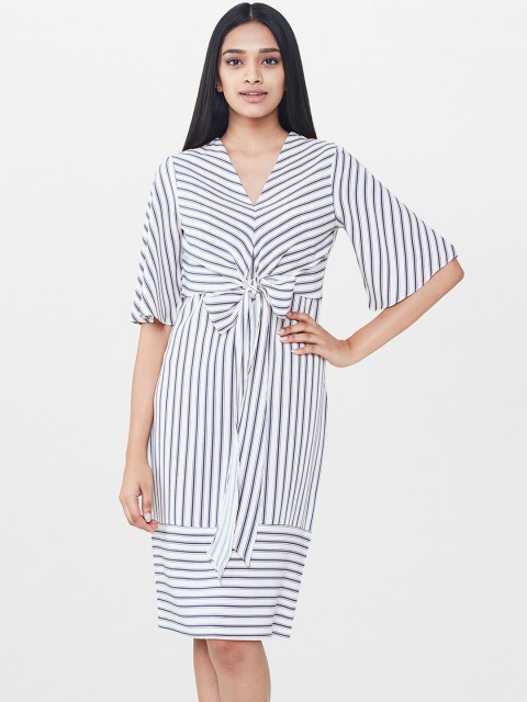 

AND Women White & Teal Blue Striped A-Line Dress