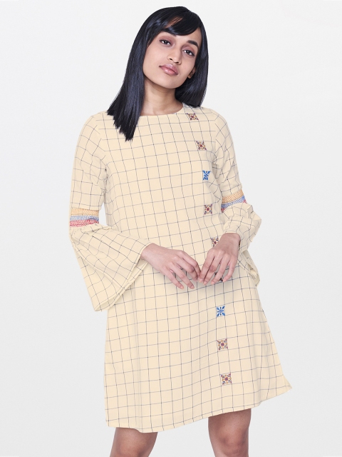 

AND Women Cream-Coloured Checked A-Line Dress